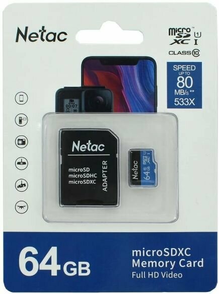 Карта памяти MicroSD 64 Гб / SD карта Netac P500 64Gb Standard Class 10 UHS I 90 Mb/s с адаптером NT02P500STN-064G-R Карта памяти микро СД для телефона, видеорегистратора, видеокамеры, фотоаппарата, ноутбука