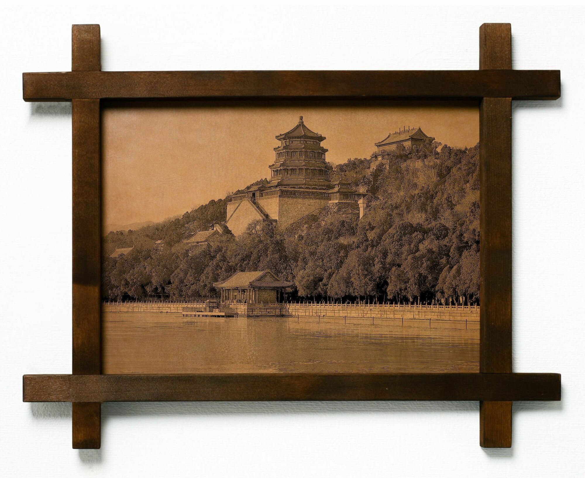 Картина Летний императорский дворец, гравировка на натуральной коже, интерьерная для украшения и декора на стену в деревянной раме, подарок, BoomGift