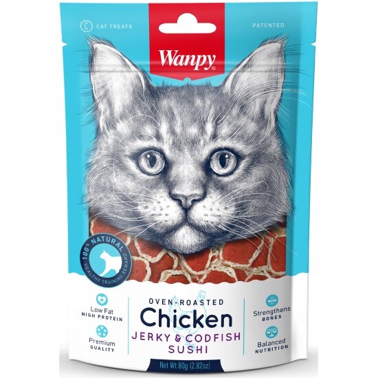 Лакомство для кошек Wanpy Cat «суши» из курицы с треской 80 г