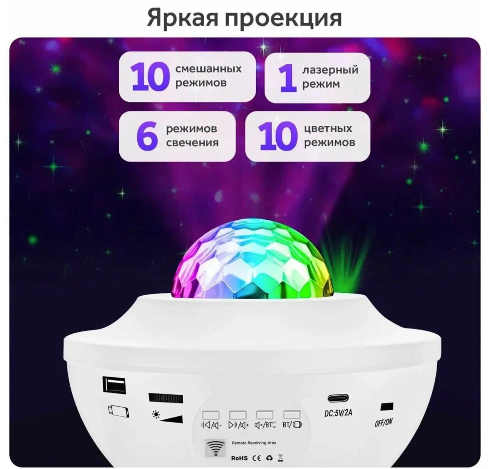 фото Ночник проектор звездного неба с пультом управления / ночник детский / светильник с USB и Блютуз Bluetooth колонкой и MP3 плеером