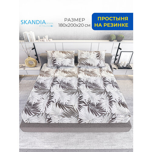 Простыня на резинке 180х200 SKANDIA design by Finland МикроСатин, простынь на резинке с бортом 20см r133 Белые и серые листья