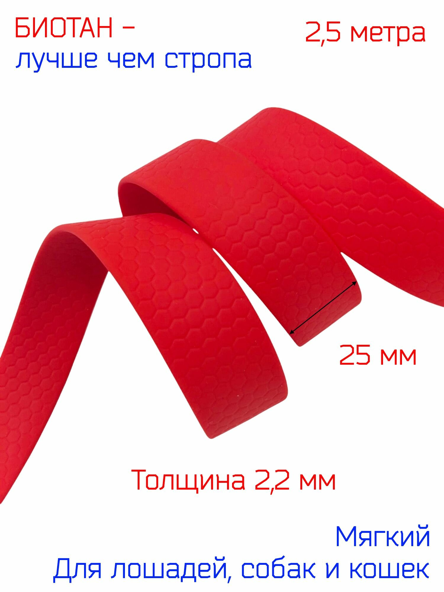 Лента - стропа биотановая красного цвета, соты, шириной 2,5 см, 2,5 метра, для поводков, ошейников и сбруй