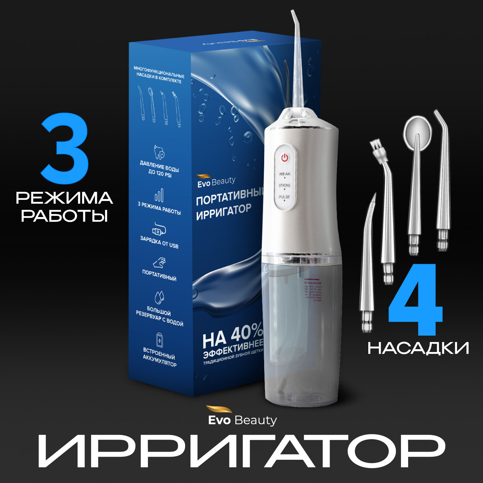 Ирригатор портативный для зубов, брекетов, десен и полости рта Evo Beauty Light. 4 сменные насадки