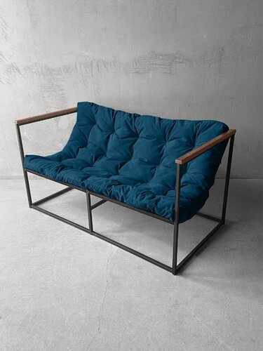 Изображение товара Диван лофт прямой, уличный, в офис, на балкон, на веранду, в гостинную, кухонный, Лофтовик ++ велюр синий