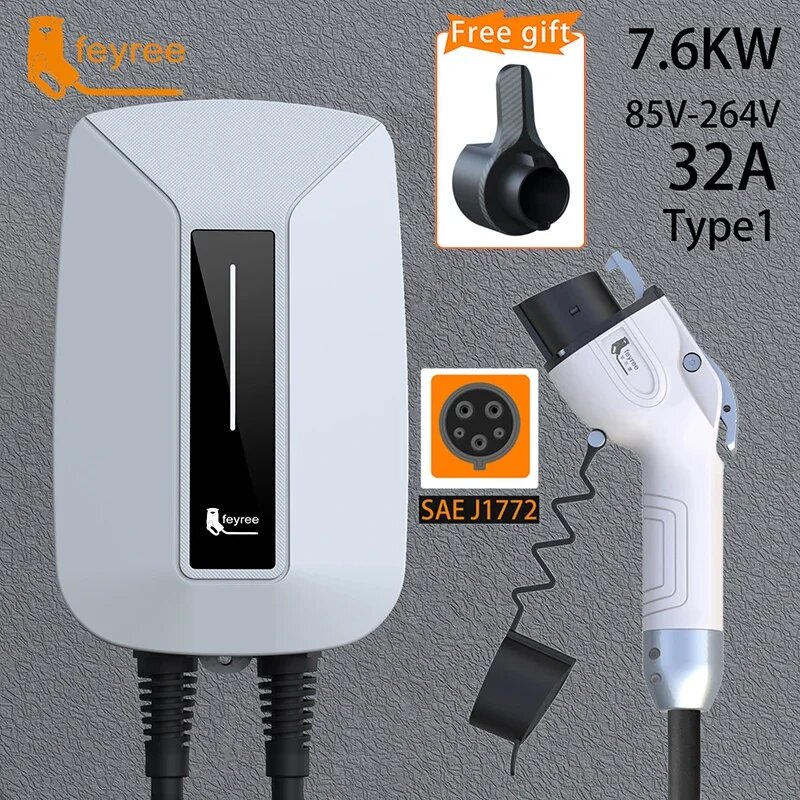 Feyree Зарядное устройство для электромобилей Type2 Разъем EVSE Wallbox 32A 7KW IEC62196-2 Разъем 1 фаза 5 м Кабель Настенная зарядная станция для электромобиля, type1 j1772 32A 7KW