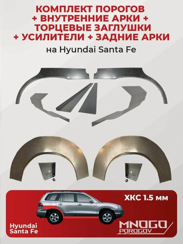 Изображение товара Комплект двух ремонтных порогов 1.5 мм, торцевых заглушек и усилителей 1.5 мм, внутренних и задних арок 0.8 мм на Hyundai Hyundai Santa Fe 1 внедорожник 5 дверей 2000-2012 холоднокатаная сталь