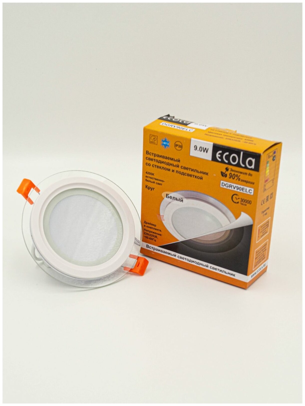 Светильник "даунлайт" Ecola LED downlight встраив. Круглый со стеклом и подсветкой 9W 220V 4200K 120x35 - фотография № 1