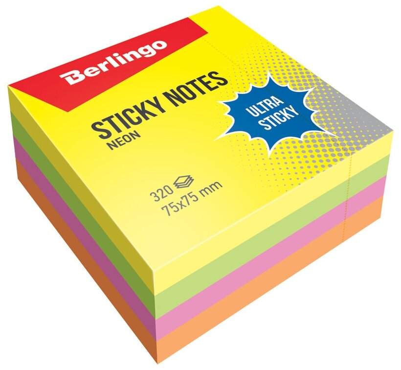 Самоклеящийся блок Berlingo "Ultra Sticky", 75*75мм, 320л, 4 неоновых цвета