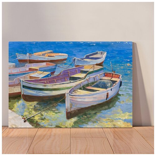 фото Картина рыбацкие лодки у причала, 40x53 см, картина на холсте на деревянном подрамнике с настенным креплением вау холст