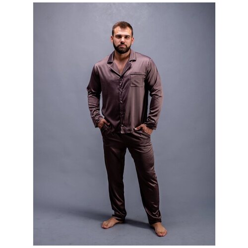 Пижама мужская домашняя (шёлк), комплект с брюками и рубашкой, Цвет синий, Размер 48