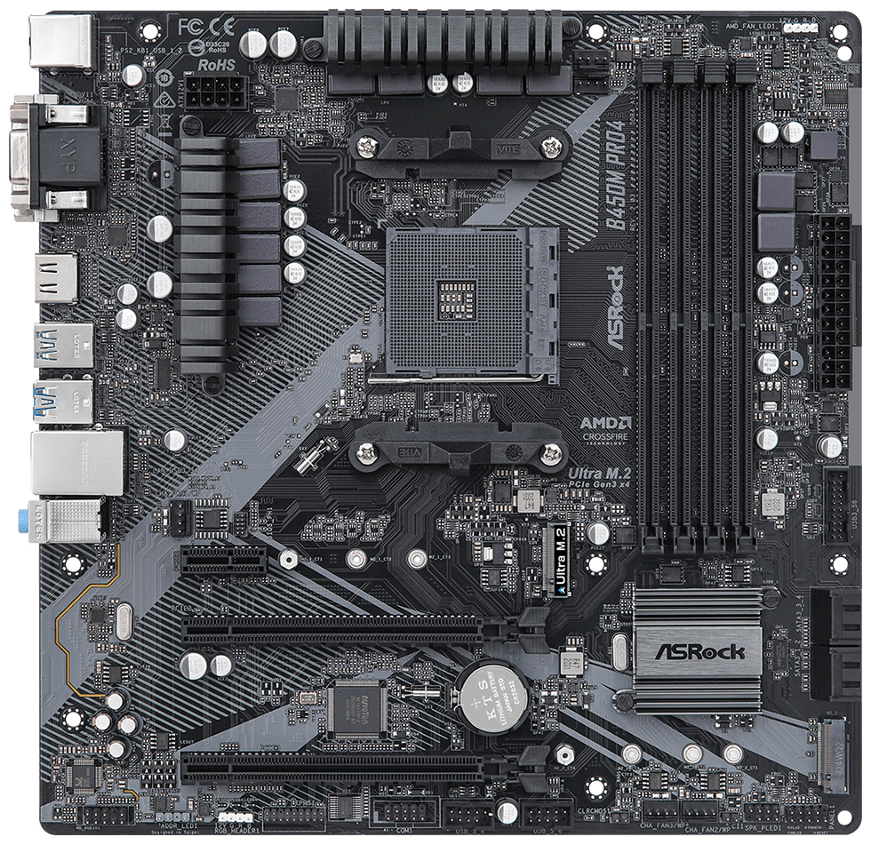 Материнская плата Asrock B450m PRO4 R2.0 Soc-AM4 AMD B450 4xDDR4 mATX AC`97 8ch(7.1) GbLAN Raid+vga+