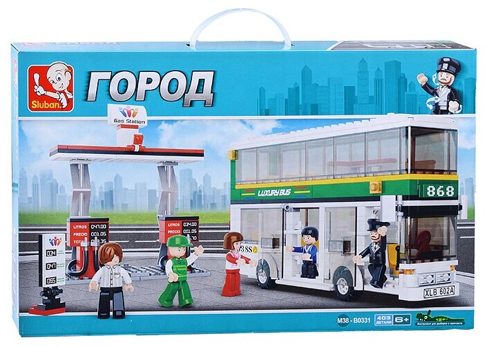 Конструктор пластиковый детский "Автобус на заправке" SLUBAN М38-В0331 "Город" (403 деталей)