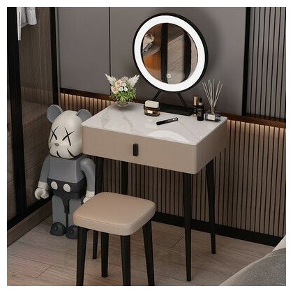 Компактный туалетный столик 40 см обитый кожей с табуретом и зеркалом с подсветкой (цвет хаки столик - без табурета и зеркала)