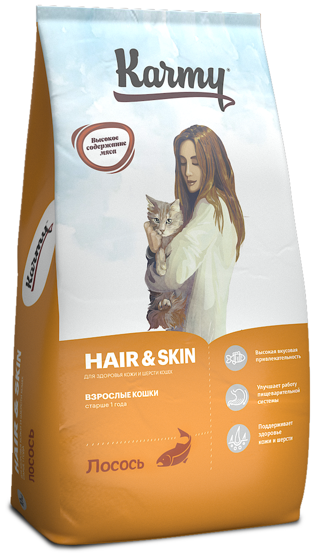 KARMY HAIR & SKIN для взрослых кошек с чувствительной кожей и шерстью с лососем (10 кг)