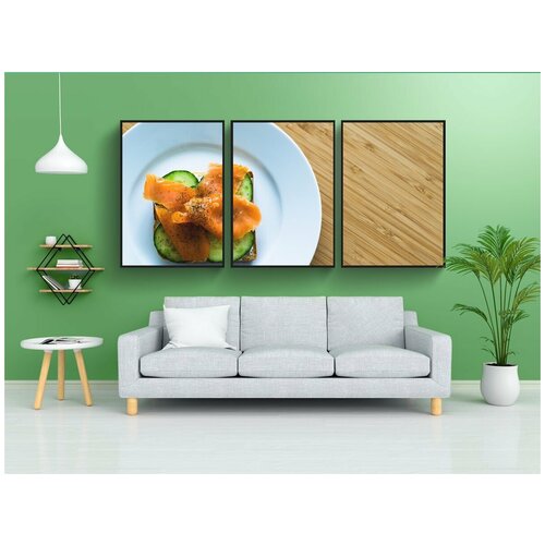 фото Набор модулных постеров для интерьера "лосось, булочка, куски" 60x90 см. в тубусе, без рамки lotsprints