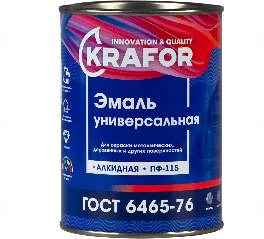 Эмаль ПФ-115 универсальная Krafor, алкидная, глянцевая, 0,8 кг, зеленая