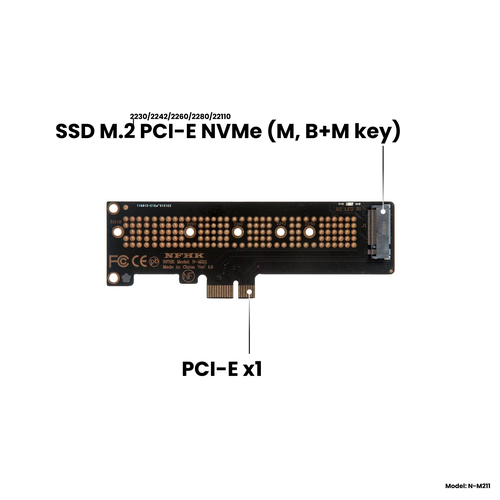 Адаптер-переходник (плата расширения) для установки SSD M.2 2230-22110 PCI-E NVMe (M, B+M key) в слот PCI-E 3.0/4.0 x1/x4/x8/x16, NHFK N-M211 адаптер переходник 2шт плата расширения для установки ssd m 2 2230 2280 pci e nvme m b m key в слот pci e 3 0 4 0 x4 x8 x16 черный nhfk n m201 ver 3 0