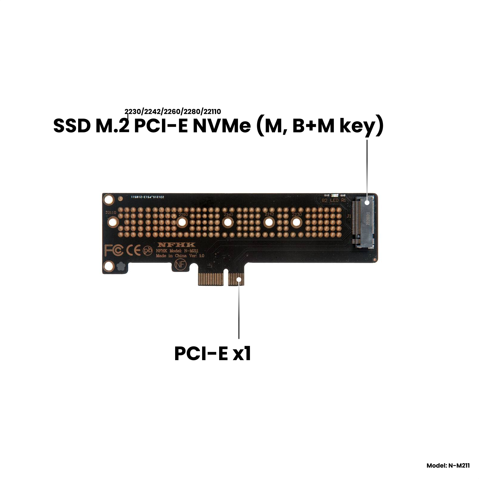 Адаптер-переходник (плата расширения) для установки SSD M.2 2230-22110 PCI-E NVMe (M B+M key) в слот PCI-E 3.0/4.0 x1/x4/x8/x16 NHFK N-M211