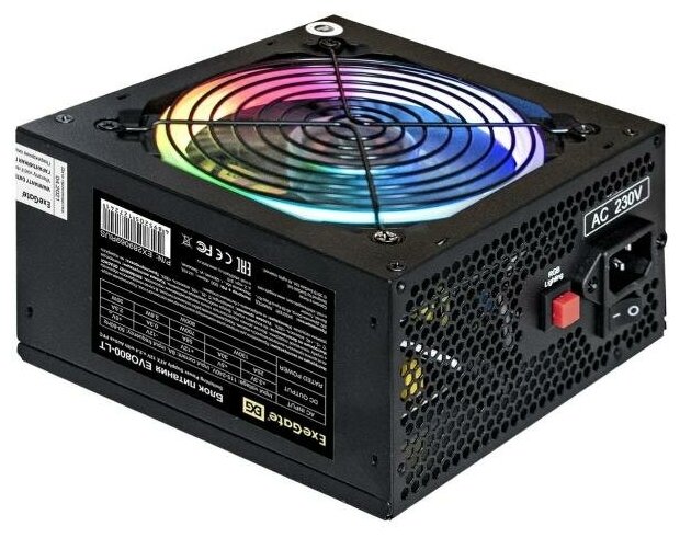 Блок питания 800W ExeGate EVO800-LT (ATX, APFC, SC, 12cm RGB fan, 24pin, (4+4)pin, PCI-E, 5xSATA, 3xIDE, FDD, black, кабель 220V с защитой от выдергив