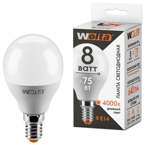 Лампа светодиодная 8W 30S45GL8E14 Е14 А60 4000К нейтр БЕЛ пластик/АЛ WOLTA (10)