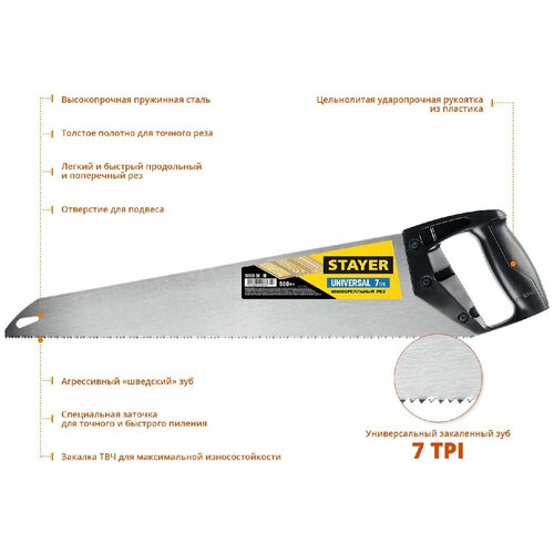 ножовка ударопрочная stayer 15061 50 500 мм 5 tpi быстрый рез поперек волокон Универсальная ножовка STAYER Universal 500 мм (15050-50_z03)