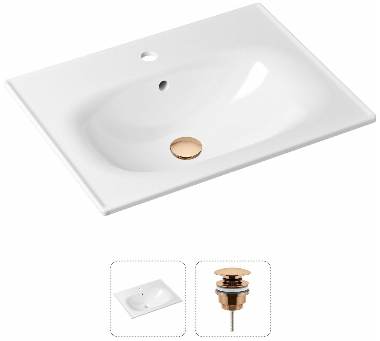 Врезная раковина в ванную Lavinia Boho Bathroom Sink 21520875 в комплекте 2 в 1: умывальник белый, донный клапан в цвете розовое золото