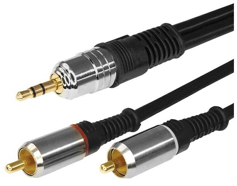 Шнур (Стерео 3,5 мм - 2 RCA) 3 м для передачи аналогового аудиосигнала, цвет: Черный и золотой (металл)