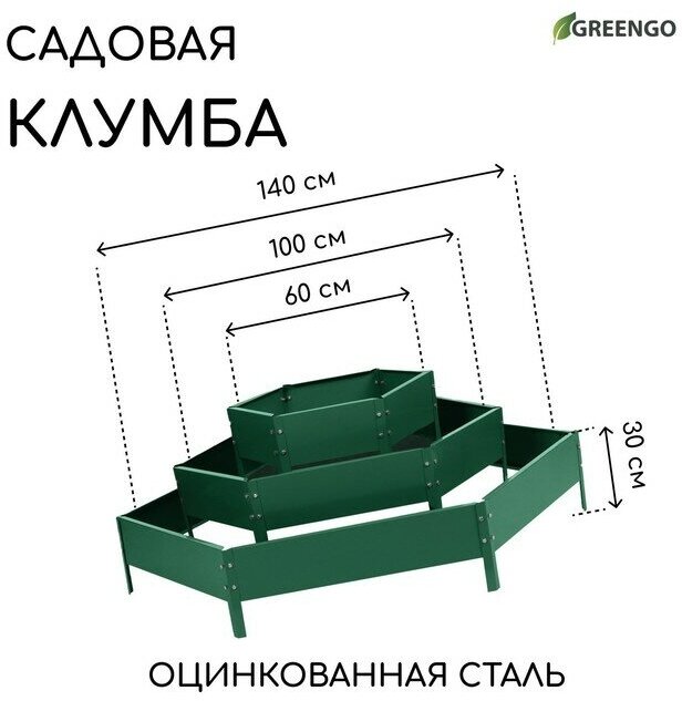 Клумба оцинкованная, 3 яруса, d = 60–100–140 см, h = 45 см, зелёная, Greengo