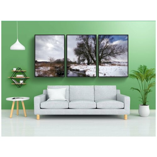 фото Набор модулных постеров для интерьера "зима, ручей, зимний пейзаж" 60x90 см. в тубусе, без рамки lotsprints
