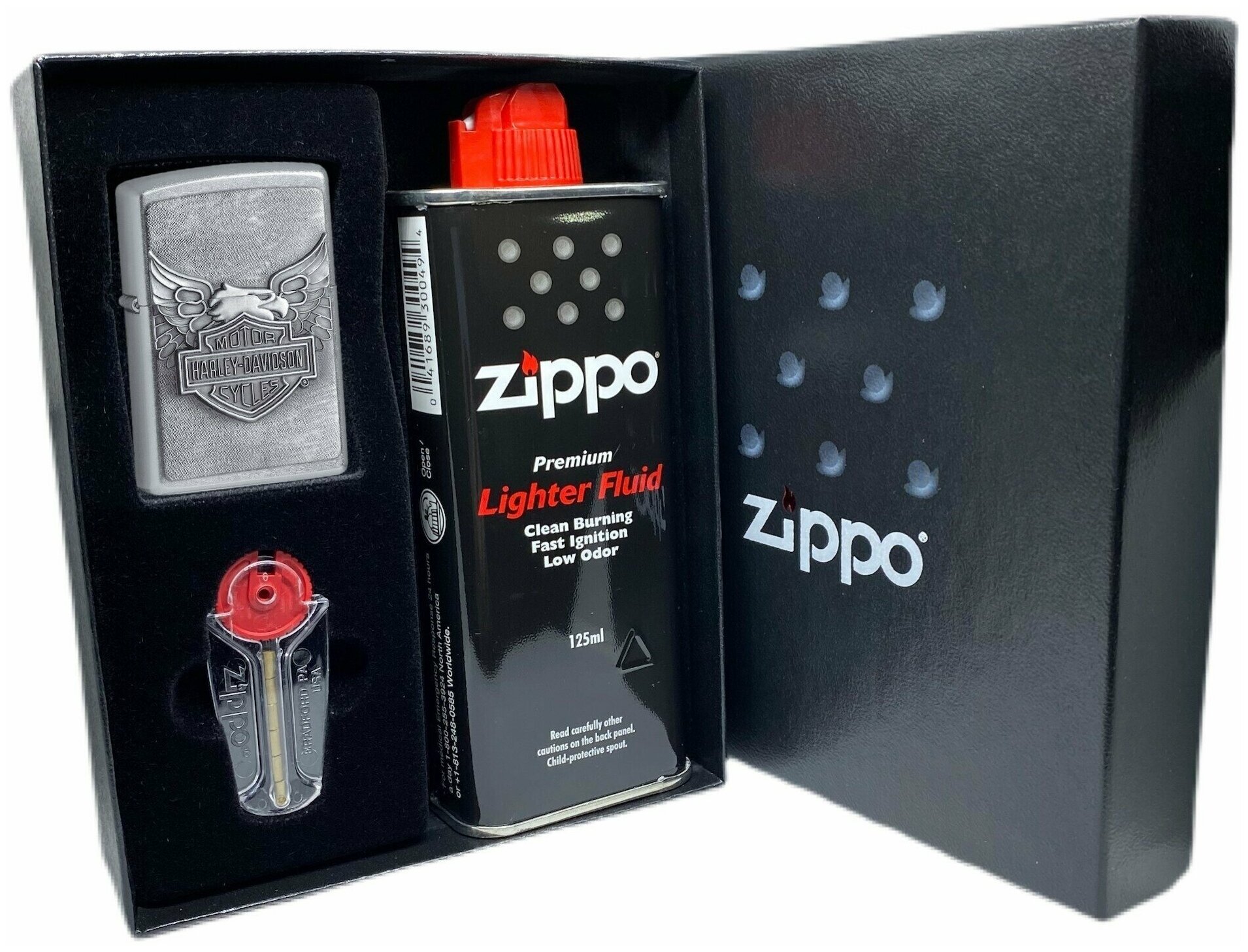 Подарочный набор ZIPPO ( Зажигалка ZIPPO 20230 Harley-Davidson, серебристая, с покрытием Street Chrome + кремни + топливо, 125 мл ) - фотография № 1