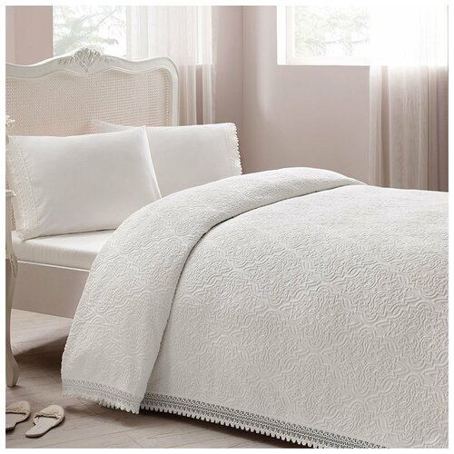 фото Постельное белье с махровой простынью- покрывалом для укрывания tivolyo home la perla кремовый евро