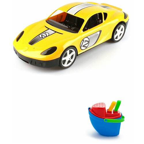 Игрушки для песочницы для снега Детский автомобиль (Молния) желтый + Песочный набор Пароходик, Каролина Тойз игрушки для песочницы для снега песочный набор пароходик скакалка спортивная