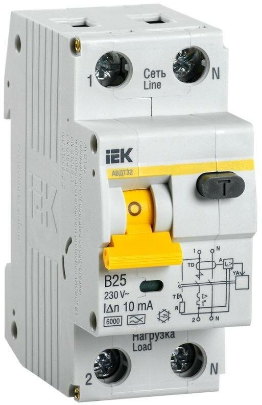Выключатель автоматический дифференциального тока 2п (1P+N) B 25А 10мА тип A 6кА АВДТ-32 IEK MAD22-5-025-B-10