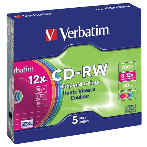 фото Диск cd-rw 700mb verbatim 8-12х color slim case (5шт) (арт. 080336)