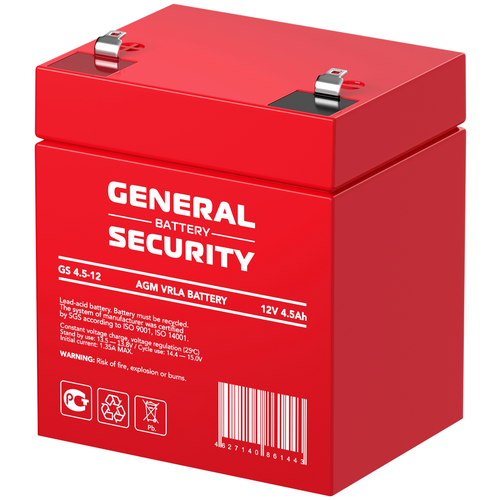 Свинцово-кислотный аккумулятор General Security GS 4.5-12 (12 В, 4.5 Ач) свинцово кислотный аккумулятор general security gs 2 3 12 12 в 2 3 ач