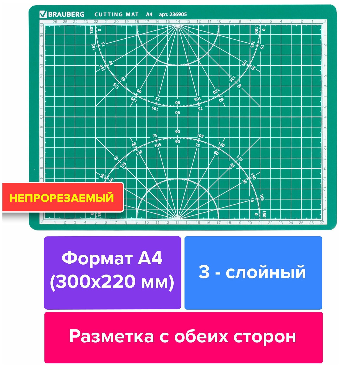 Комплект 2 шт, Коврик (мат) для резки BRAUBERG, 3-слойный, А4 (300х220 мм), двусторонний, толщина 3 мм, зеленый, 236905