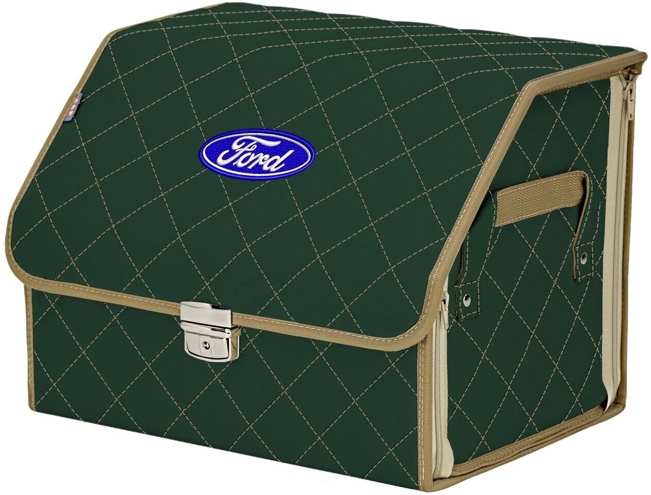 Органайзер-саквояж в багажник "Союз Премиум" (размер M). Цвет: зеленый с бежевой прострочкой Ромб и вышивкой Ford (Форд).