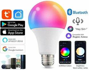 Умная светодиодная лампочка E27 RGB + CCT Bluetooth Smart Led Bulb 10W Tuya / Лед многоцветная Е27, теплая, холодная лампа с Алисой, Siri, Alexa, Google