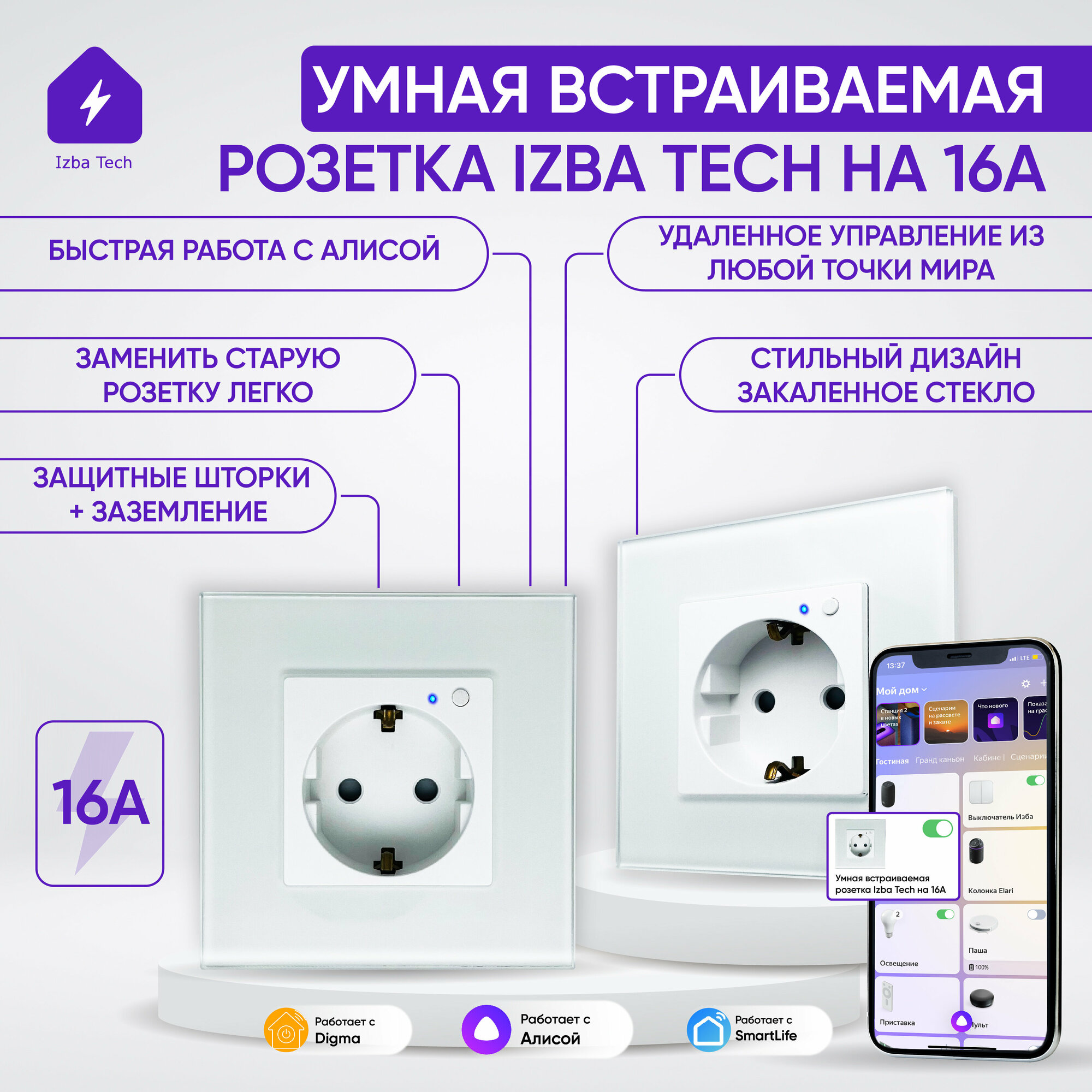 Умная встраиваемая WIFI розетка с голосовым управлением Алиса в стеклянном корпусе белая