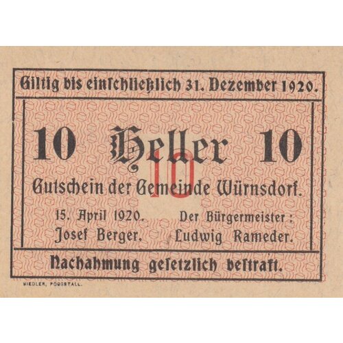 Австрия, Вюрнсдорф 10 геллеров 1920 г. австрия брунненталь 10 геллеров 1920 г