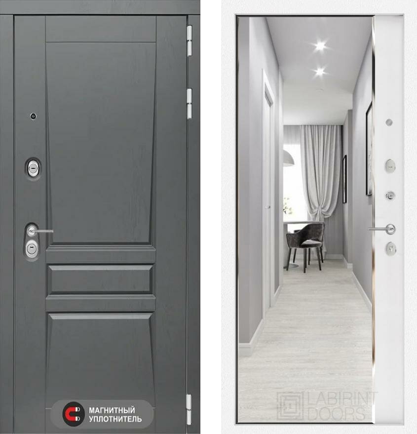 фото Входная дверь Labirint Платинум с зеркалом Панорама 960x2050, открывание правое