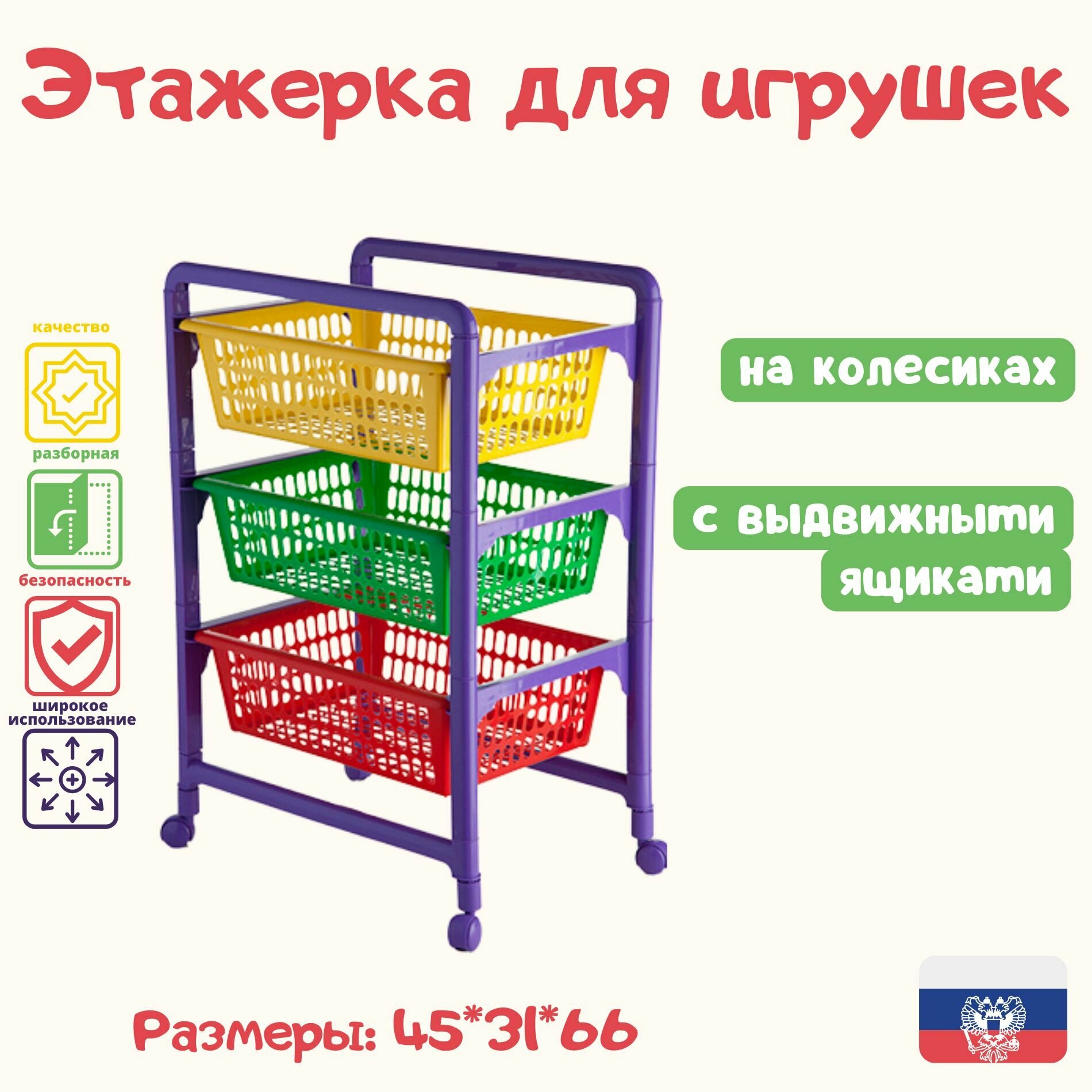 фото Этажерка для игрушек с выдвижными ящиками на колесиках для ванной, кухни напольная пластиковая