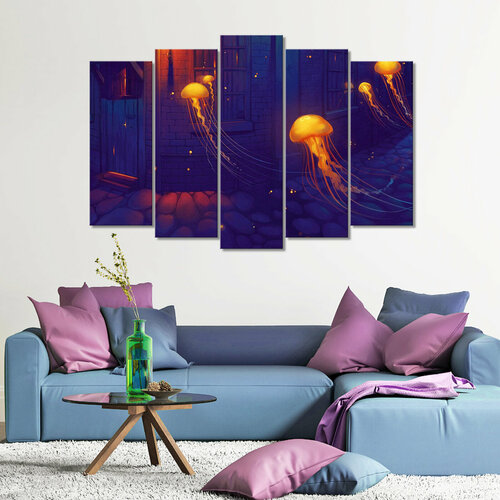Модульная картина/Модульная картина на холсте/Модульная картина в подарок/Jellyfish fly home - Медузы летят к дому 125х85