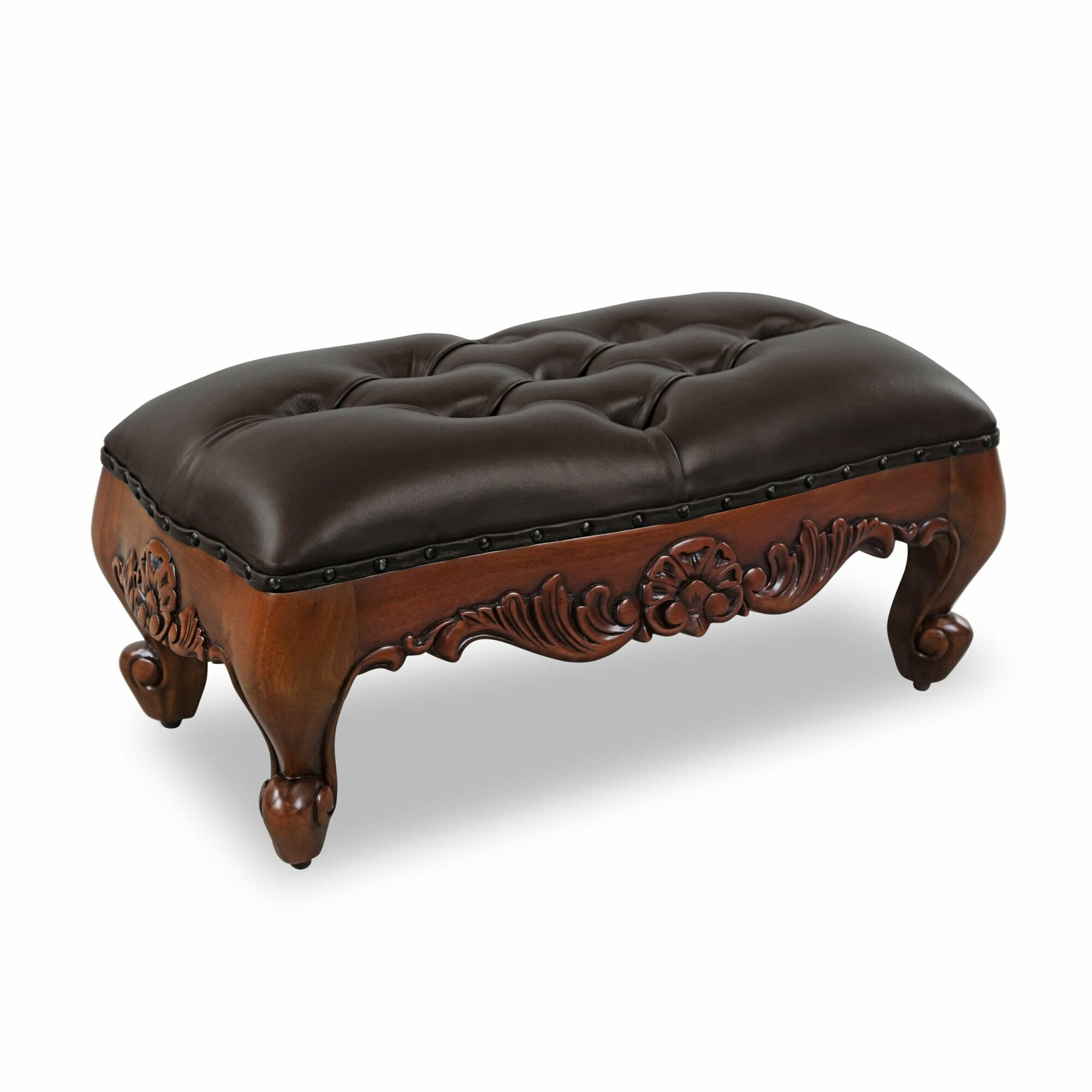 фото Пуф кожаный Индонезия из массива красного дерева 29х67х32см (коричневая кожа)