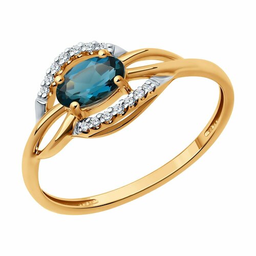 фото Кольцо diamant online, золото, 585 проба, топаз, бриллиант, размер 16.5, голубой