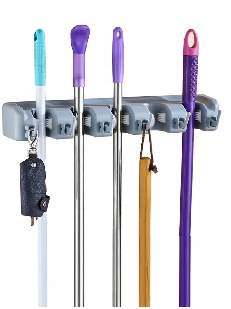 фото Универсальный настенный держатель для швабр, щеток, салфеток, хозяйственного инвентаря