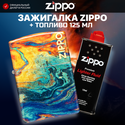 Зажигалка бензиновая ZIPPO 48778 Colorful Zippo + Бензин для зажигалки топливо 125 мл зажигалка бензиновая zippo 49477 classic tumbled brass бензин для зажигалки топливо 125 мл