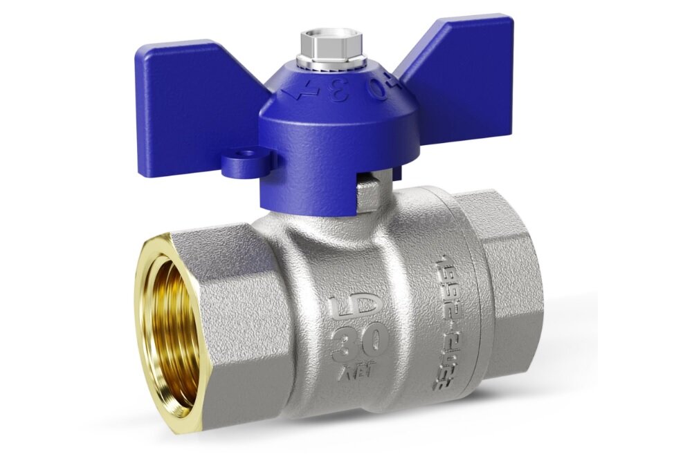 фото Кран шаровой латунный LD Pride 47.32. В-В. Б Ду 32 Ру 25 бабочка (blue). арт. LD 47.300.32 B