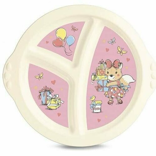 Тарелка детская 3-х секционная с розовым декором, (бежевый) детская тарелка на присоске с розовым декором 7734318