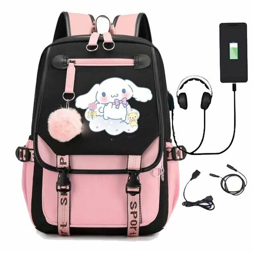 Рюкзак Синнаморолл с пушистым брелком и USB выходом розовый 2800₽